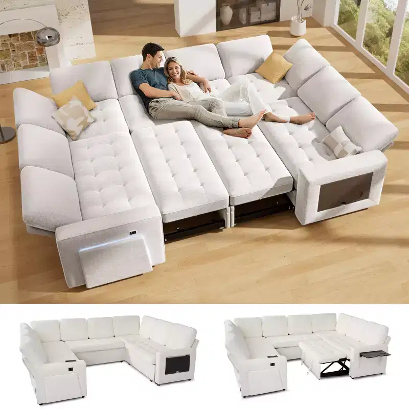Dyonery 8 Seat U Shaped Modular Sectional Sleeper Sofa with Pull Out Bed/Reclining Backrest/USB Ports/Table/Storage, Tool-Free Assembly