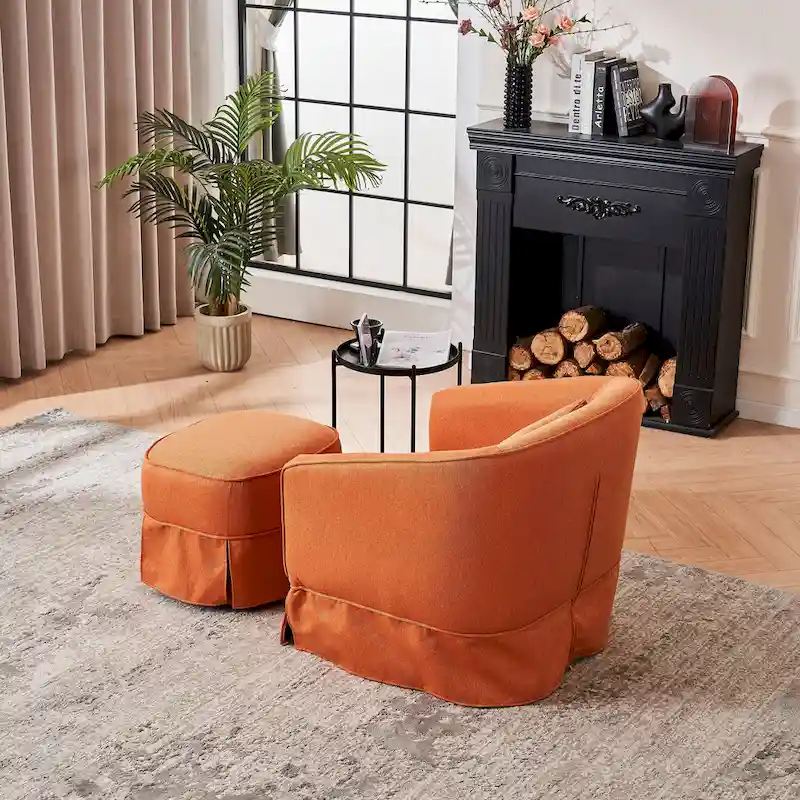 Swivel Barrel Chair With Ottoman, Swivel Accent Chairs Armchair, Reading Chairs, Round Barrel Chairs with Black Metal Base