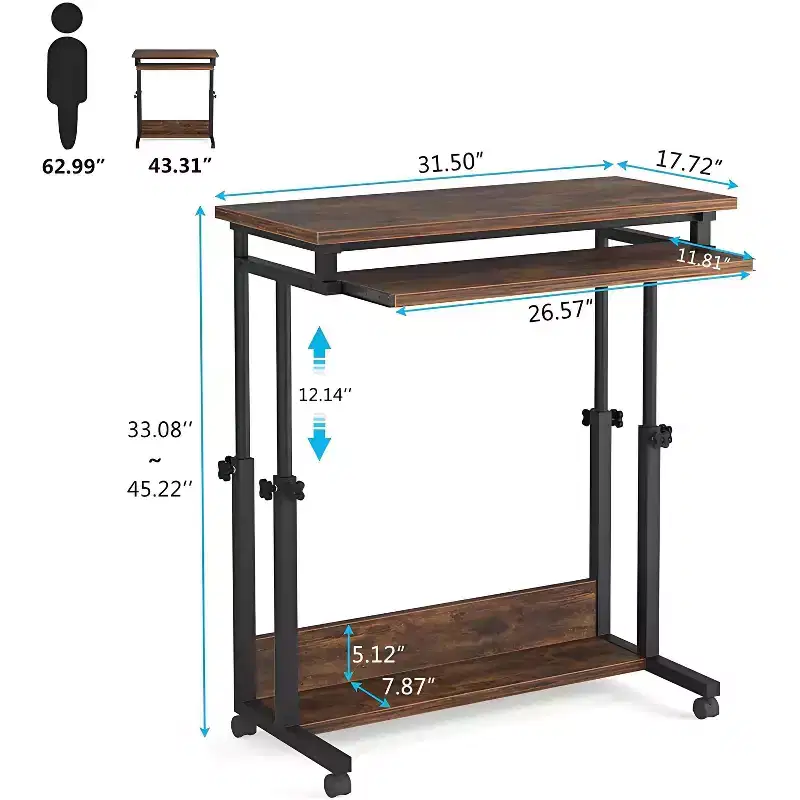 Mobile Rolling Laptop Desk with Hideaway Keyboard Tray & Height Adjustment, 27.56
