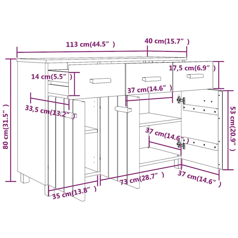 vidaXL Sideboard Bar Buffet Console Cabinet with Drawers HAMAR Solid Wood Pine - 44.5 x 15.7 x 31.5