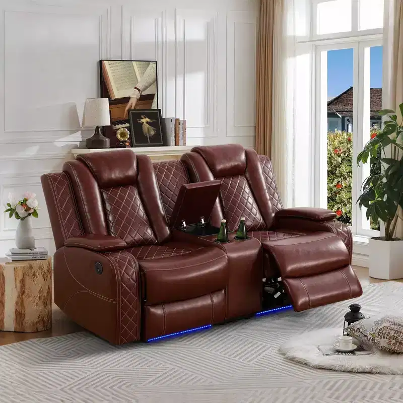 Power Reclining Loveseat Sofa, Electric 2-Seat Leather Recliner with USB Charging, Storage & Cup Holders, Brown