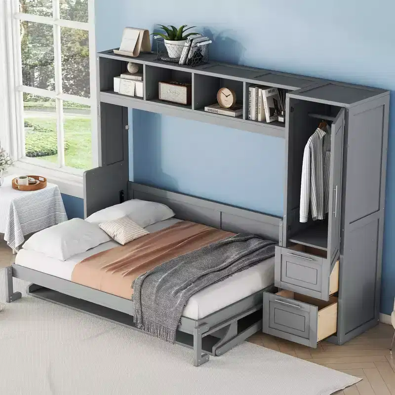 GDFStudio Evans Murphy Bed Wall Bed with Closet and Drawers, Queen Size