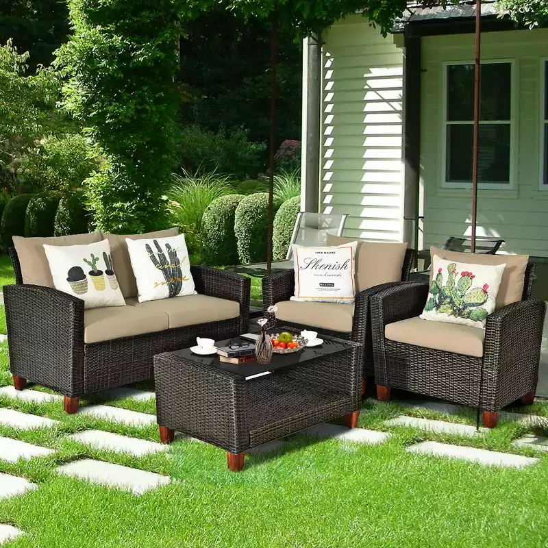 Costway 8PCS Patio Rattan Furniture Set Solid Wood Leg Cushioned Sofa Garden Lawn