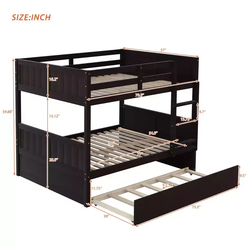 Trundle Bunk Bed, Full over Full Wood Bunk Bed with Trundle, Solid Wood Bunk Bed Frame with Guardrail and Ladder