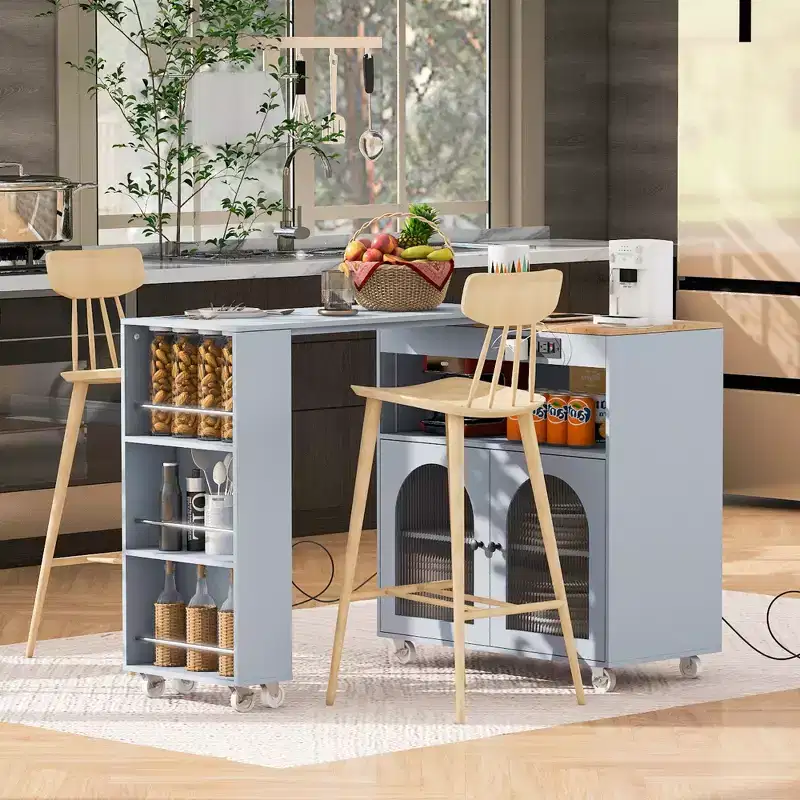 GDFStudio Paolo Modern Rolling Kitchen Island with Movable Table & Cabinet, LED Light and Power Outlet