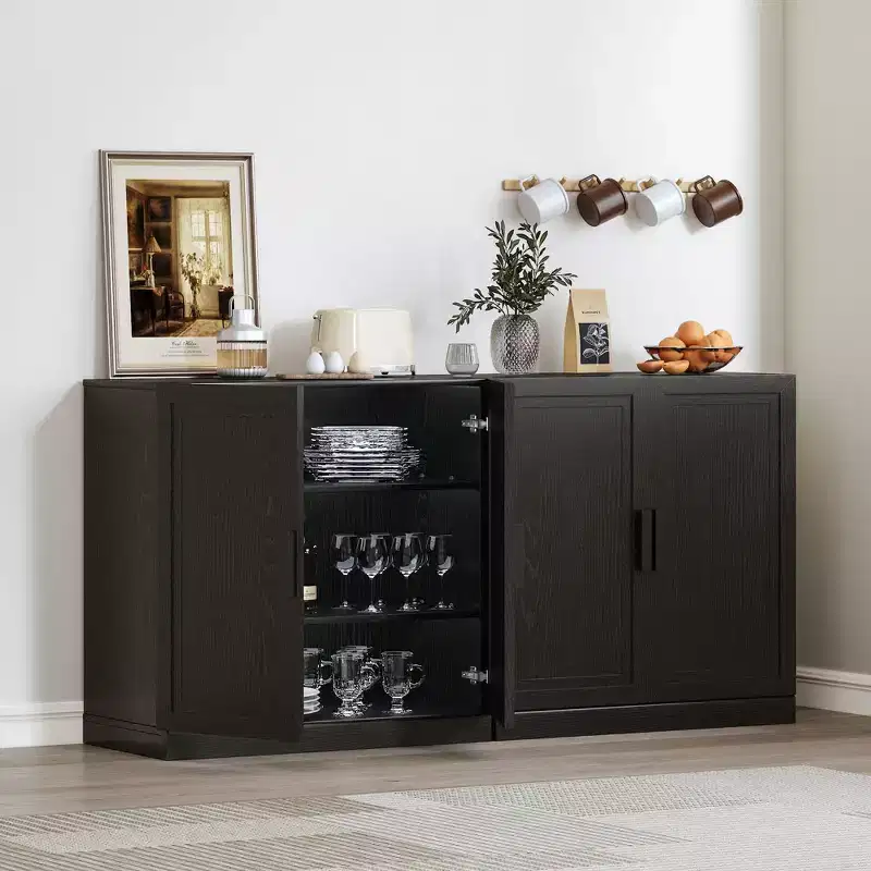 PexFix 62x31x16 Wood Kitchen Storage Pantry Cabinet with Adjustable Shelves in Black