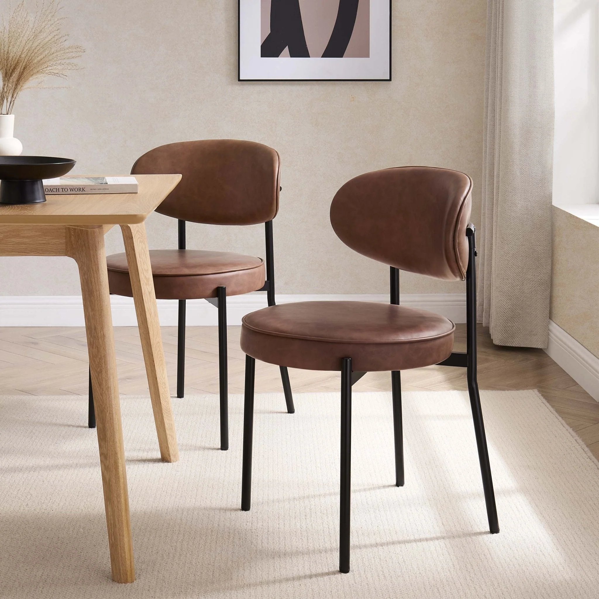 Modern Tan Faux Leather Dining Chair with Rounded Back for Dining Room