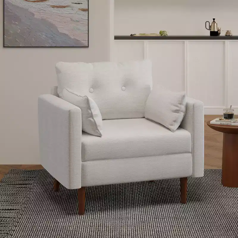 Mid Century Modern Fabric Tufted Club Chair With Accent Pillows