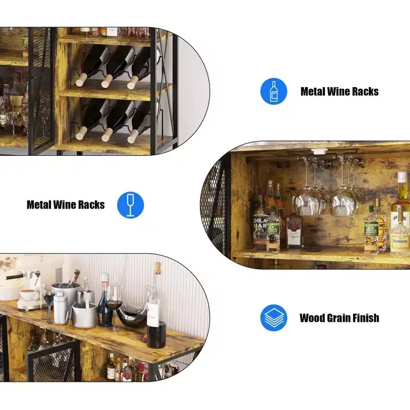 Farmhouse Wine Bar Cabinet, Industrial Coffee Bar Sideboard with Wine Rack and Glass Holder