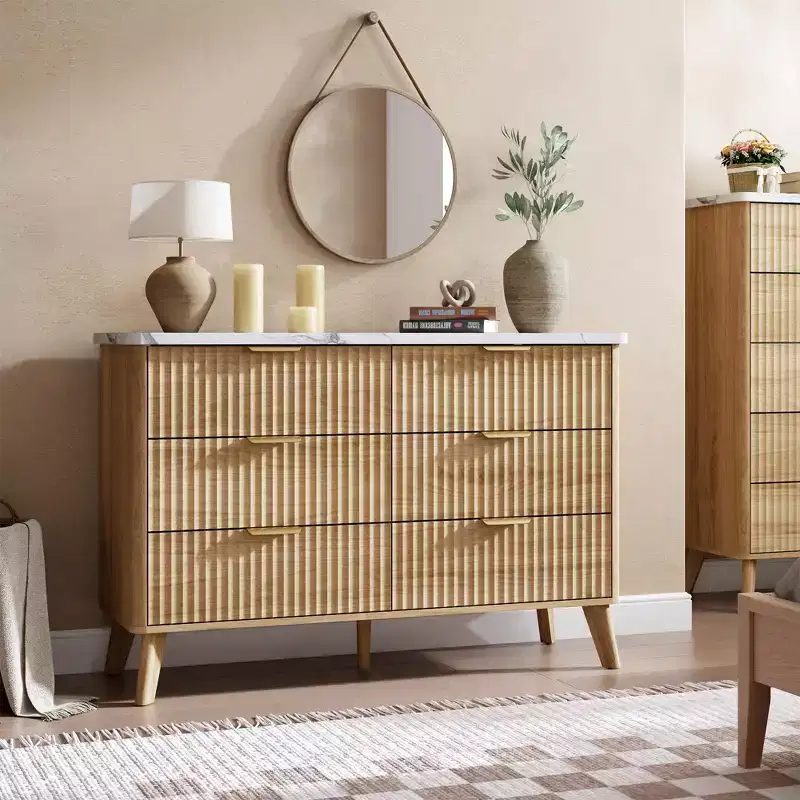 Fluted Dresser for Bedroom with 6 Deep Drawers, 47.2 in Wide Modern Chest of Drawers, Wooden Dresser TV Stand, Curved Profile Design, for Living Room
