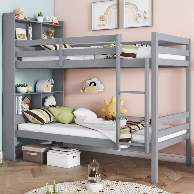 Twin over Twin Bunk Bed with Storage Shelves, Rubber Wood Kids Bunk Beds with Safety Guardrails and Ladder, Twin Bed for Bedroom