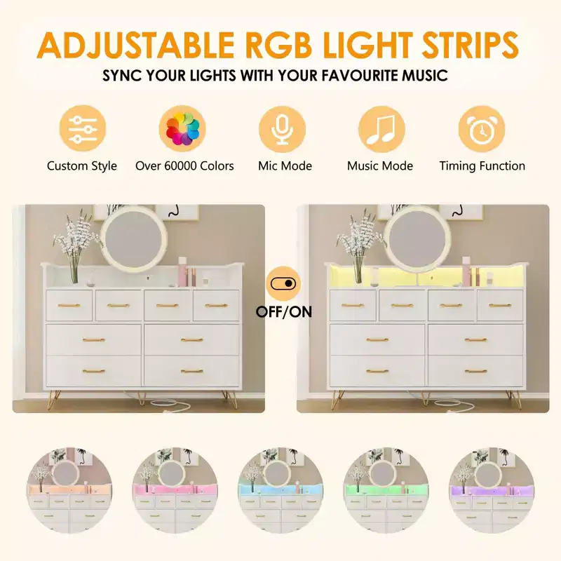 8-Drawer Dresser with Power Outlet, LED Lights & Gold Handles, Modern Wood Chest, White