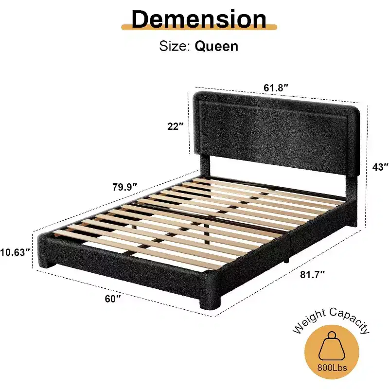 Boucle Bed Frame,Black Upholstered Teddy Fabric Bed Frame with Headboard,No Box Spring Required, Adjustable Headboard, Easy Assembly