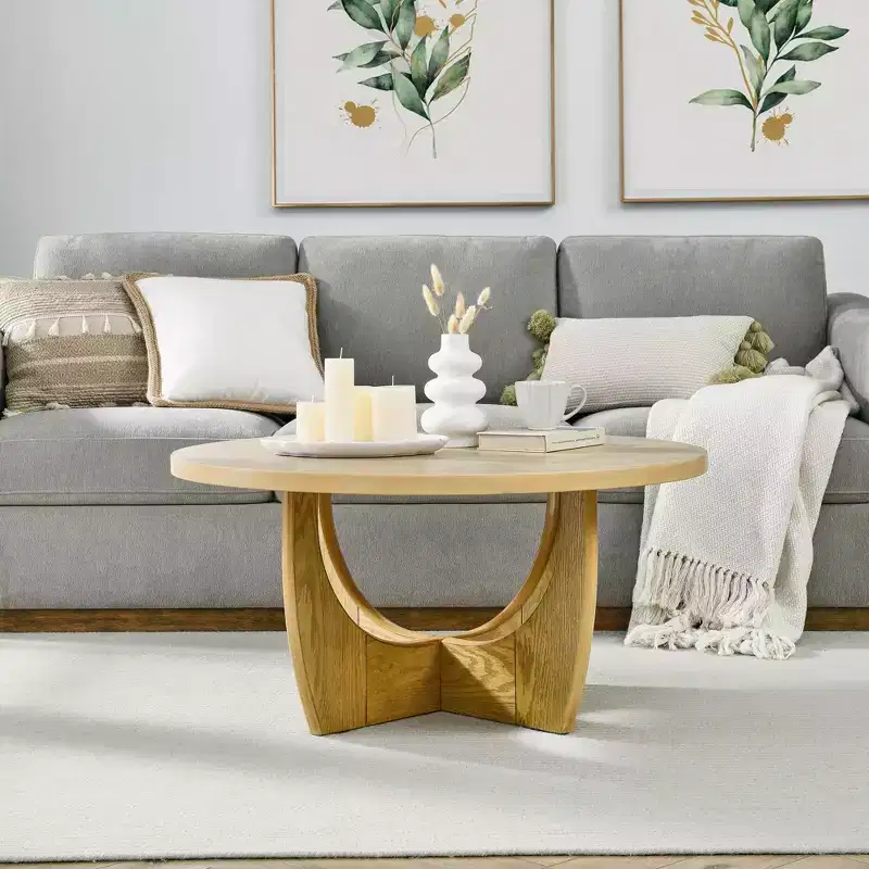 36 Inch Round Coffee Table, Mid Century Modern Cocktail Table with Circle Tabletop, Wood Grain Side Table for Home Office