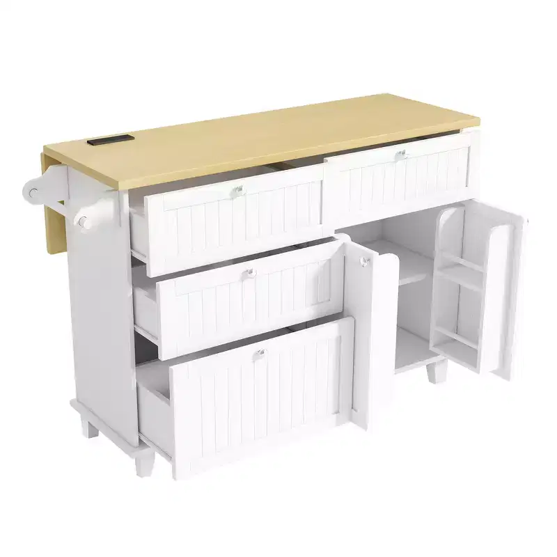 Farmhouse Kitchen Island with Drop Leaf, Drawers, Power Outlet and 2 Seats
