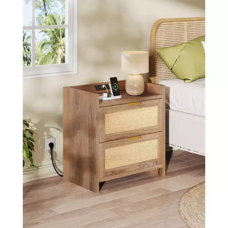 GALAXHERO Rattan Nightstands, Night Stand with Charging Station Boho Bed Side Table with 2 Drawers, End Tables Bedroom, Living Room
