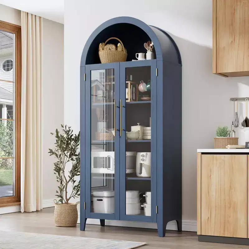 Arched Kitchen Pantry Cabinet Farmhouse 5 Tier Display Shelf with Adjustable Shelf and 2 Large Glass Doors, Versatile Storage Cupboard