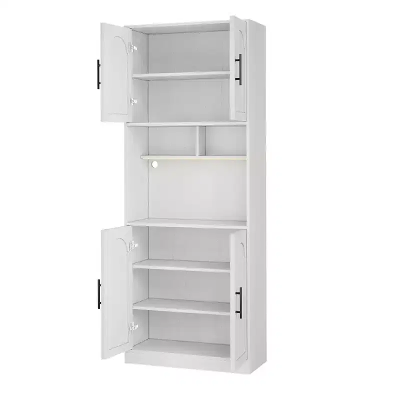 Tall Kitchen Hutch Bar Cabinet with Microwave Stand & LED Light – Pantry Cupboard for Dining Room