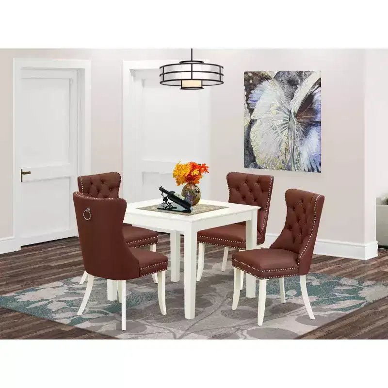 5-Piece Linen White Finish Solid Wood Top Square Upholstered Dining Room - Seats 4