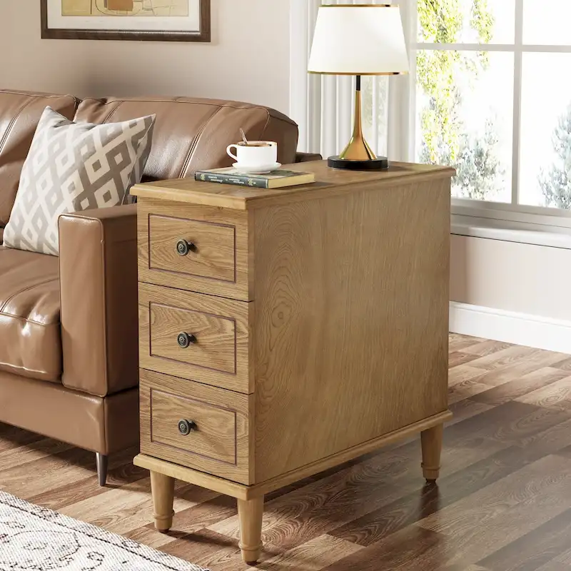 Fully Assembled Narrow End Table, Solid Wood Side Table with 3 Drawers, Vintage Nightstand Slim Bedside Table for Small Spaces