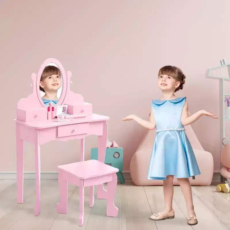 Kids Vanity Set with Mirror and Stool Wooden Makeup Table for Girls Ages 4 to 9 Kids Vanities Dress Up Playset for Bedroom and Playroom Furniture