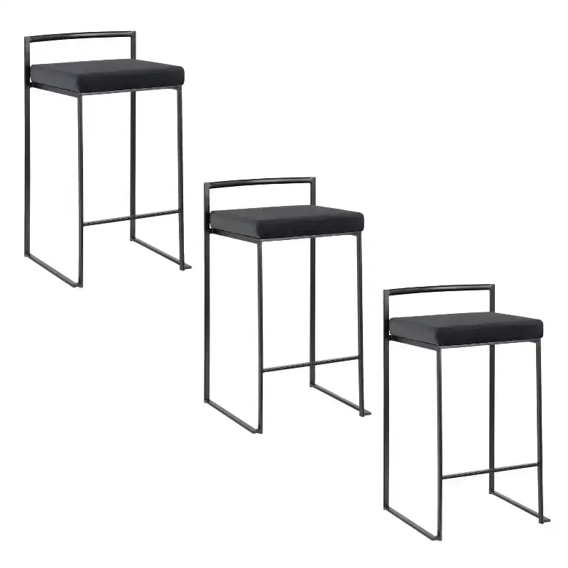 LumiSource Set of 3 Fuji Stacker Counter Height Barstools Black Metal/Black Velvet