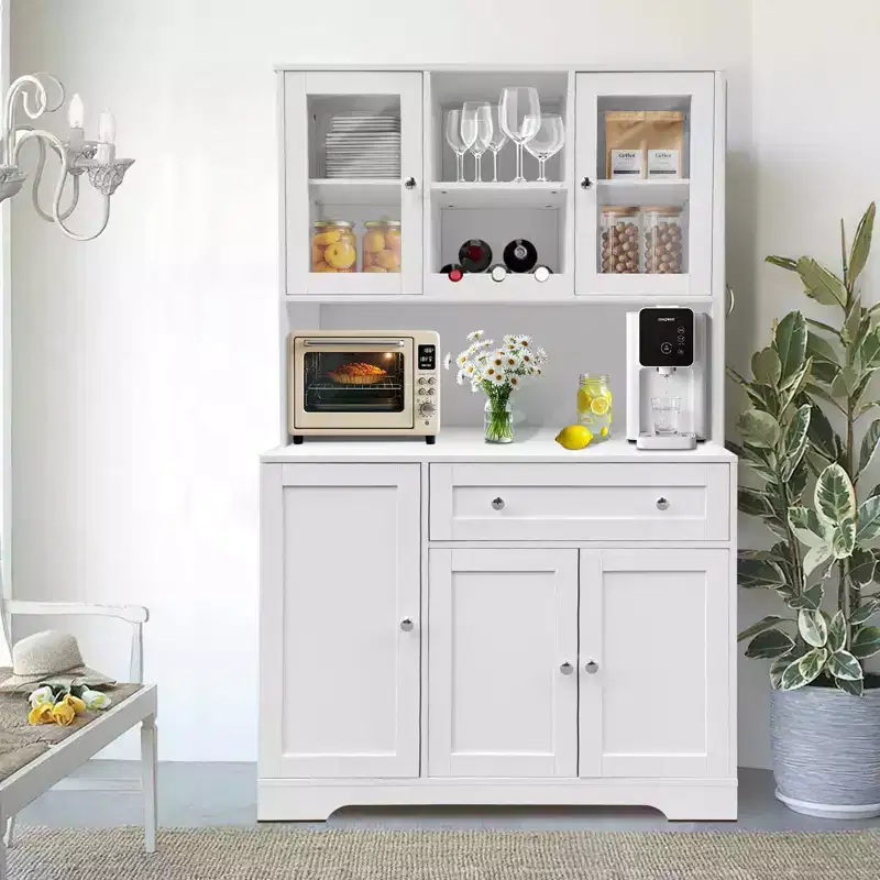 Kitchen Pantry Cabinet, Freestanding Hutch with Wine Rack, Drawer and Glass Door Shelves