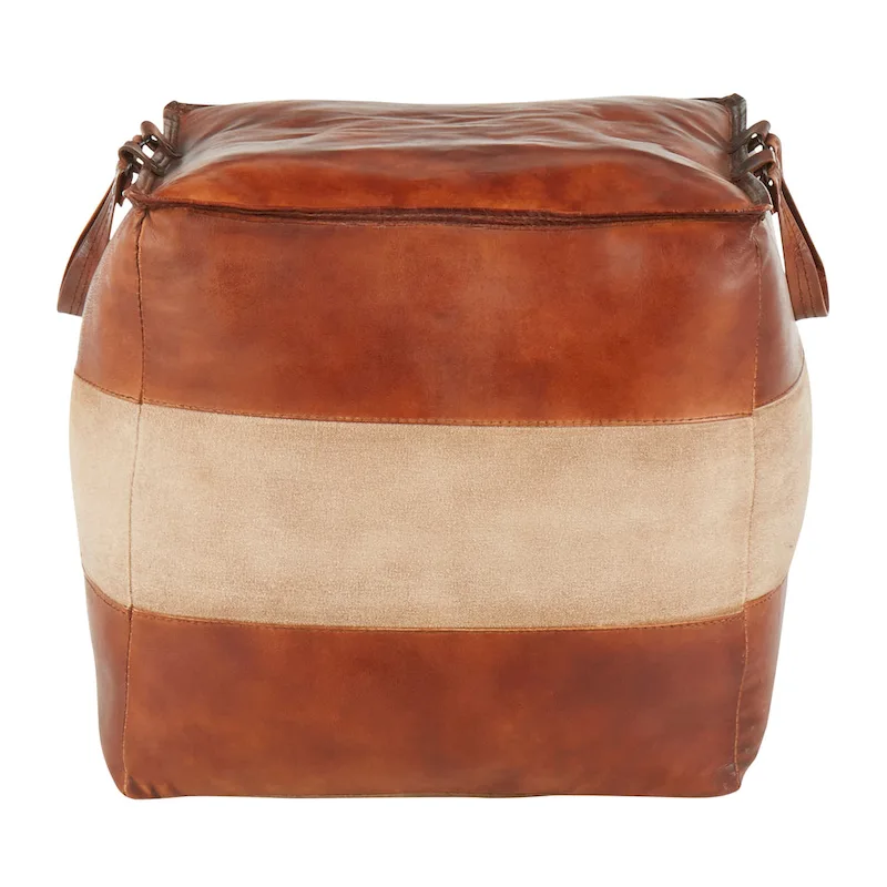 Leather & Canvas Pouf Ottoman – Brown/Tan, Black/Grey, Espresso/Tan – 1 Person