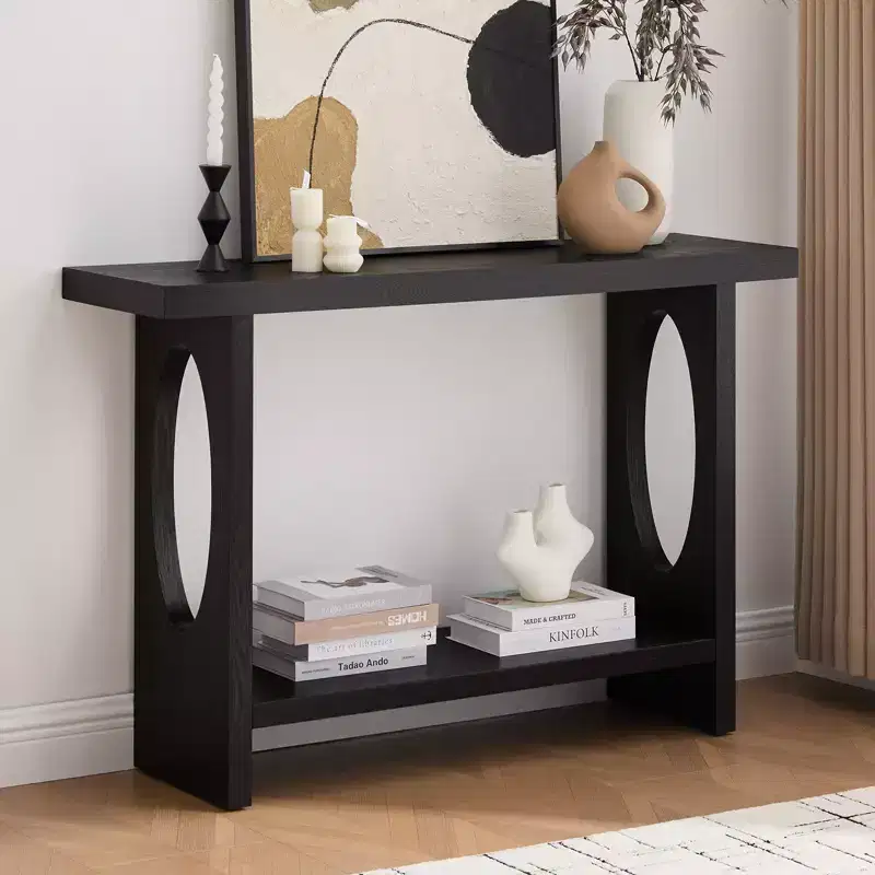 Bekrvio 47-Inch Farmhouse Wood Console Tables with Solid Wood Veneer - 2'' Thickened Tabletop, 2-Tier Narrow Sofa Table Behind Couch