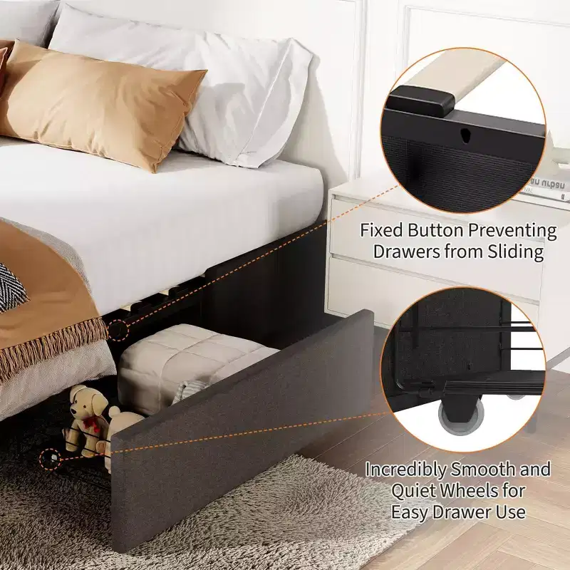 1 Wood Board + Linen Soft Pack Bed Frame with No Headboard and 3 Drawers, Wood Bed Frame