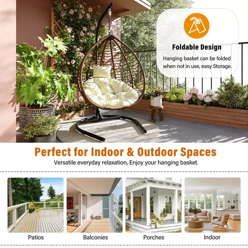 Whisen Hanging Hammock Chair with Stand, Egg Swing Chair with Iron Frame and Cushion & Headrest