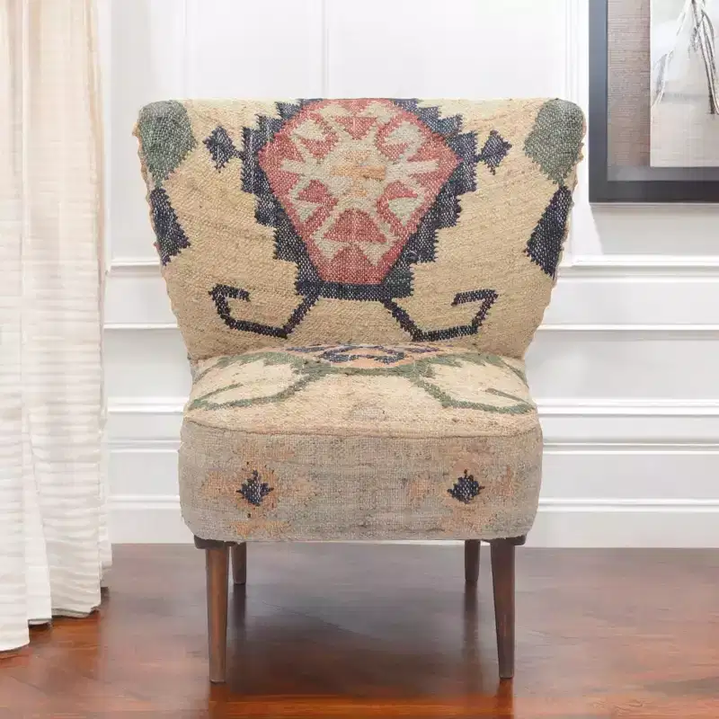 26-Inch Beige Blue and Red Jute Southwestern Wingback Chair