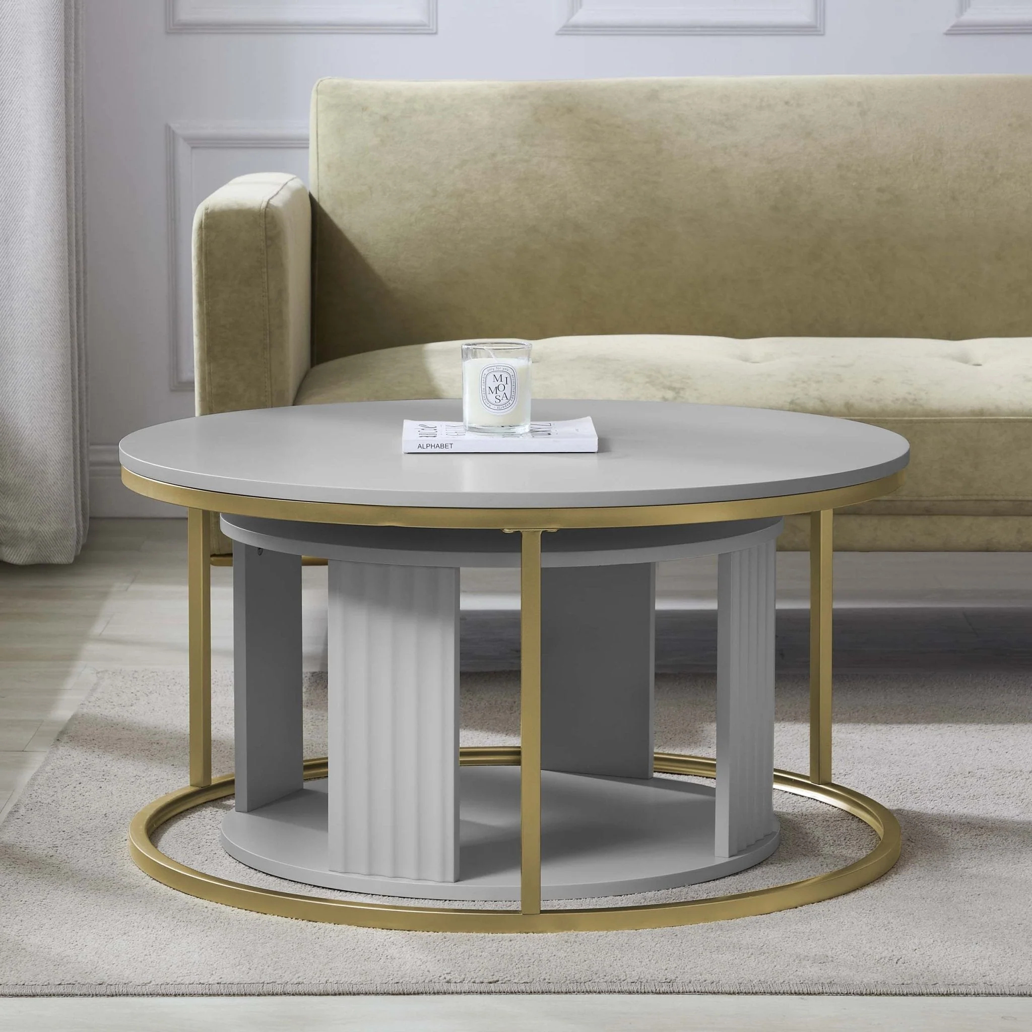 Modern Light Grey Painted Coffee Table with Gold Accents for Living Room