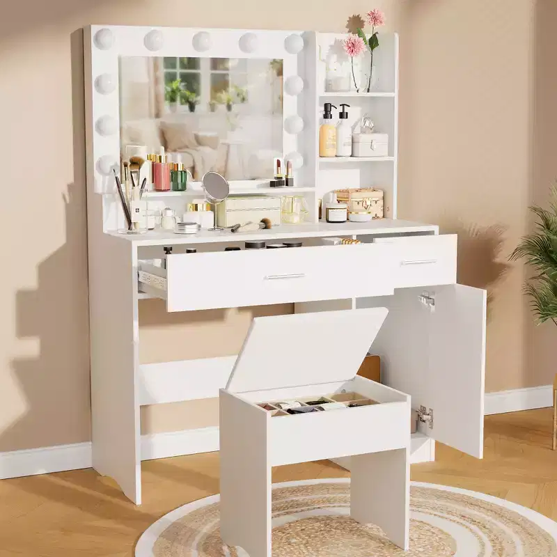 ALAULM Vanity desk w/3-Color LED Light, Mirror, Different Size Drawers&Stool, Modern style Makeup Vanity Set, for bedroom, White