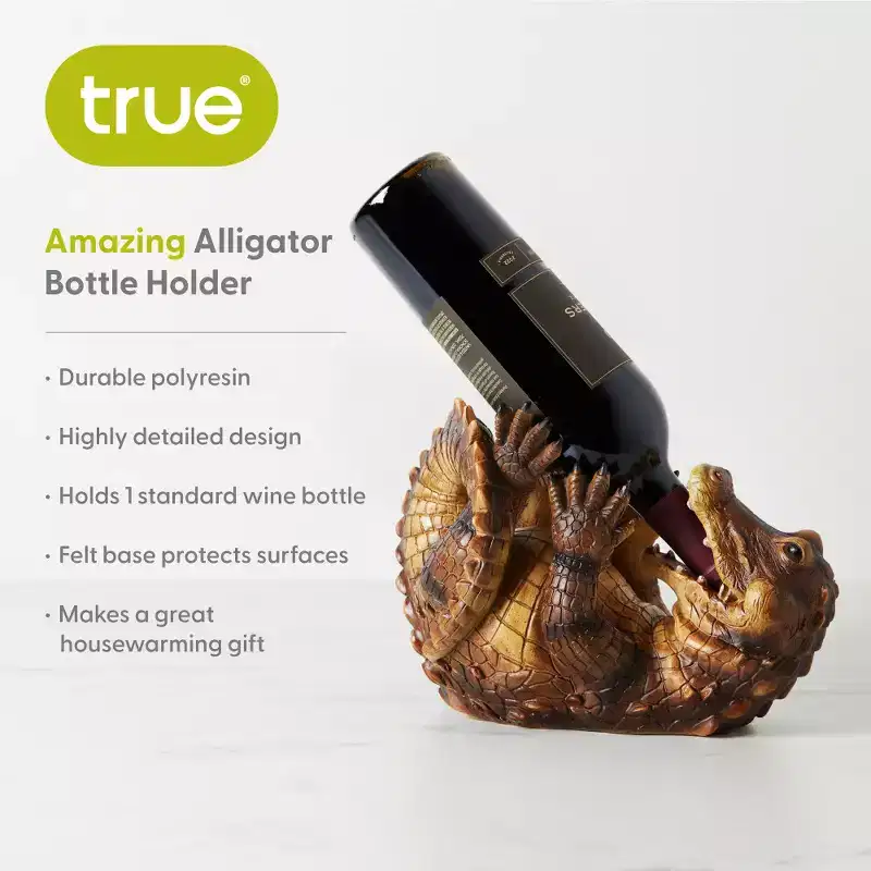 True Amazing Alligator Polyresin Wine Stand Bottle Holder, Wine Holder Countertop Bottle Stand, Brown, Holds 1 Bottle, Set of 1
