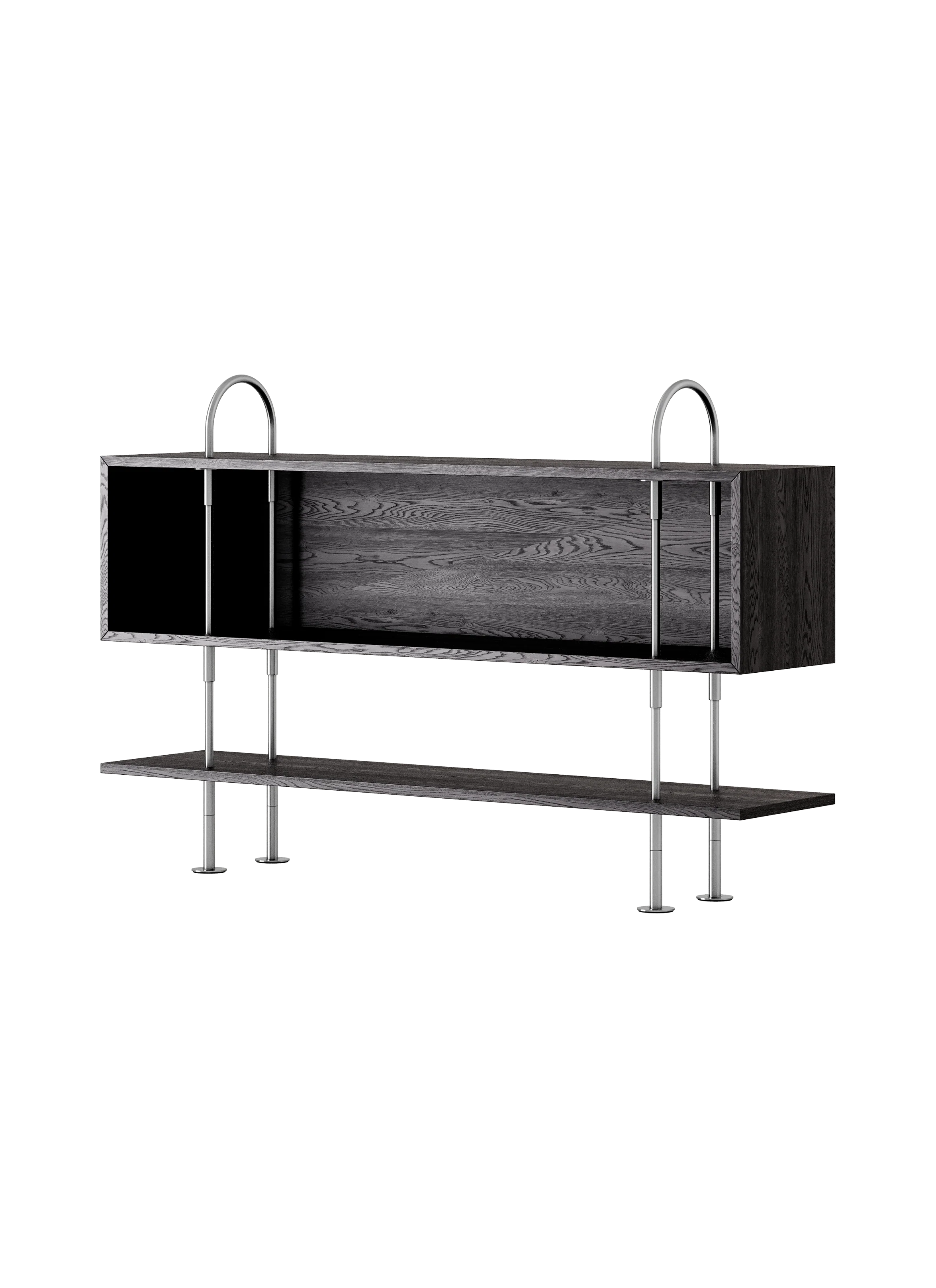 Industrial Black Ash Veneer & Stainless Steel Shelving System with Open Box Shelf for Living Room