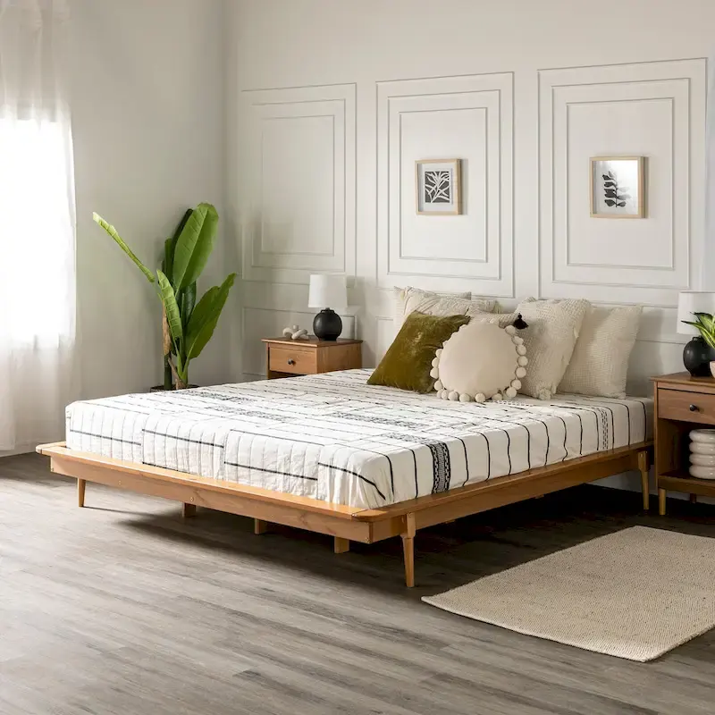 Caramel/Walnut/White/Light Oak Solid Pine King Platform Bed, No Box Spring, 1-Person