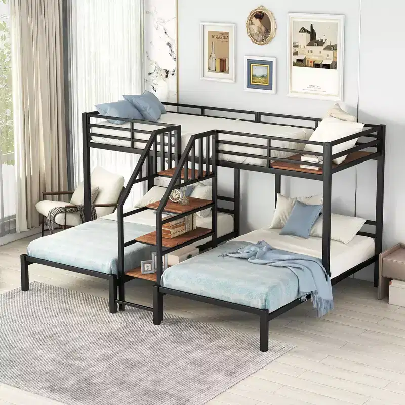 Okak Twin over Twin-Twin Triple Loft Bunk Bed with Storage Shelves Staircase Metal Frame Bed with Safety Full-Length Guardrail for Teens Kids