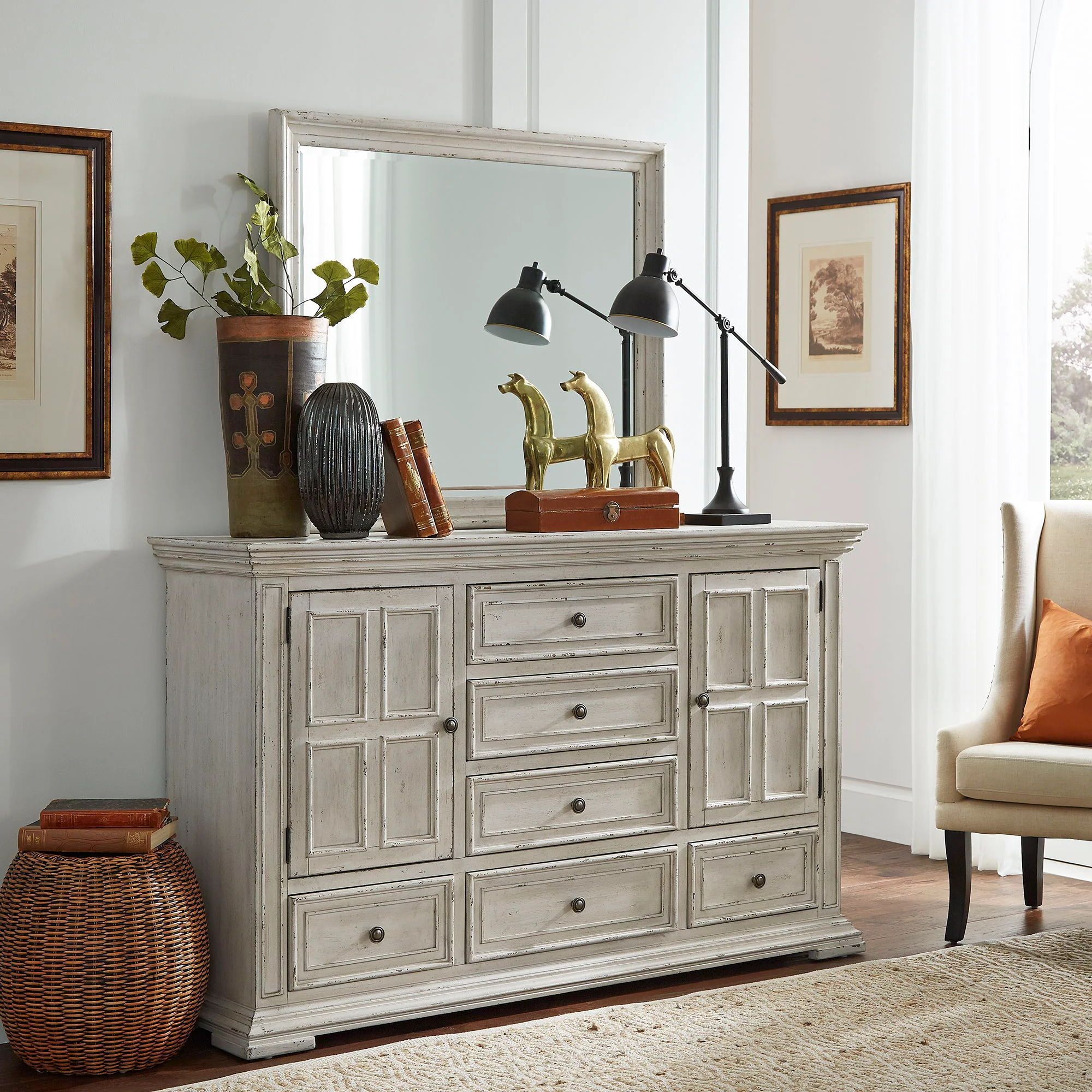 Dresser & Mirror — Crafted of rubberwood solids with birch veneers this kit features a brownstone finish with heavy distressing