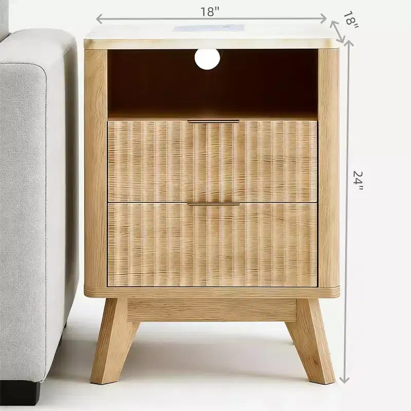 Modern Nightstand with Charging Station | 18 Small Bedside Table with Faux Marble Top & 2 Drawers | Oak Finish Bedroom, Living Room Night Stand