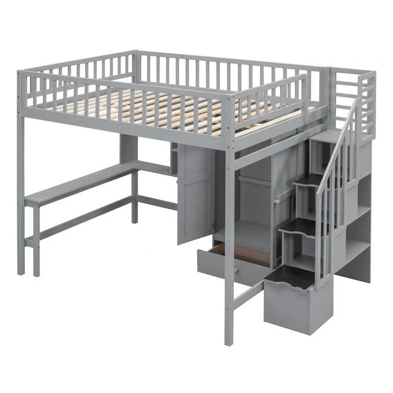 Full Loft Beds Stairway Loft Bed Frame with Wardrobe, Desk, Bookshelf and Drawers