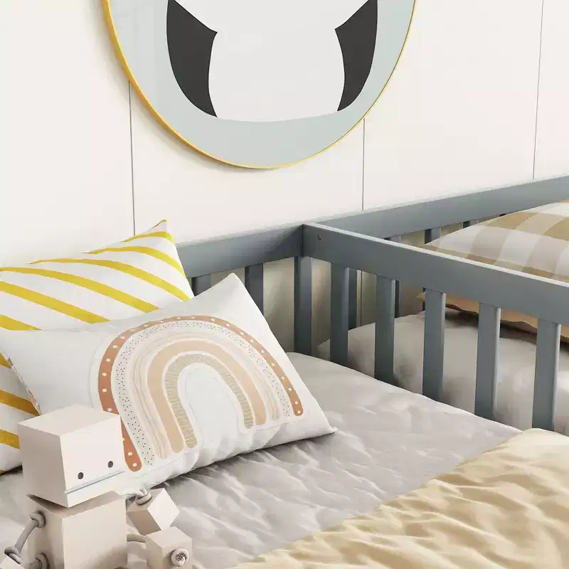 Okak Double Twin Bed Frame with Fence Guardrails, Without Door, Modern Floor Bed for Toddlers/Kids Bedroom