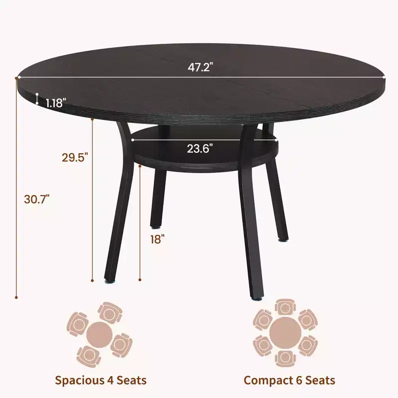Round Dining Table for 4-6, 47 Kitchen Table w/Storage, Wooden Circle Dinner Table with Metal Legs, Modern Dining Room Tables for Kitchen