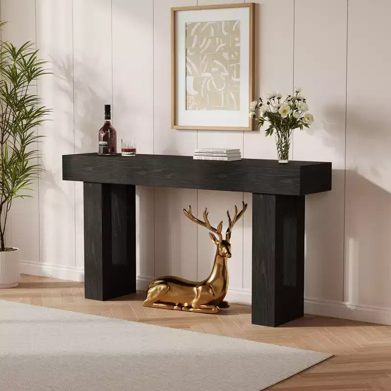 63-inch farmhouse-style entryway table with open shelving. Suitable for hallways, living rooms, foyer, or behind sofas.