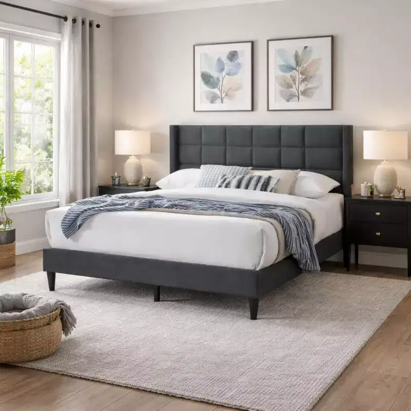 Modern Velvet Upholstered Platform Bed with Headboard