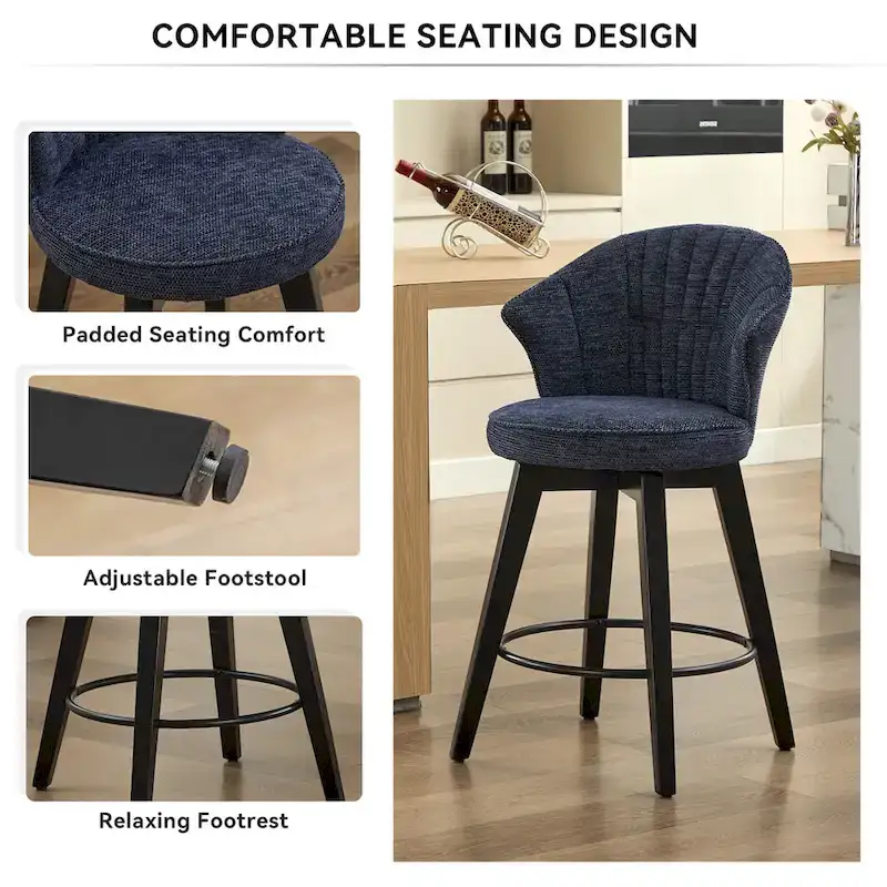 White / Blue / Dark Grey Swivel Bar Stools, Set of 2, Chenille Cushioned Counter Height Chairs with Metal Legs