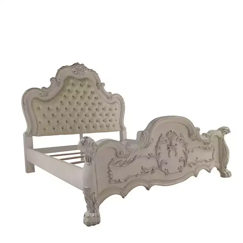 91" Queen Bed Dresden Bed Synthetic Leather and Bone White Finish