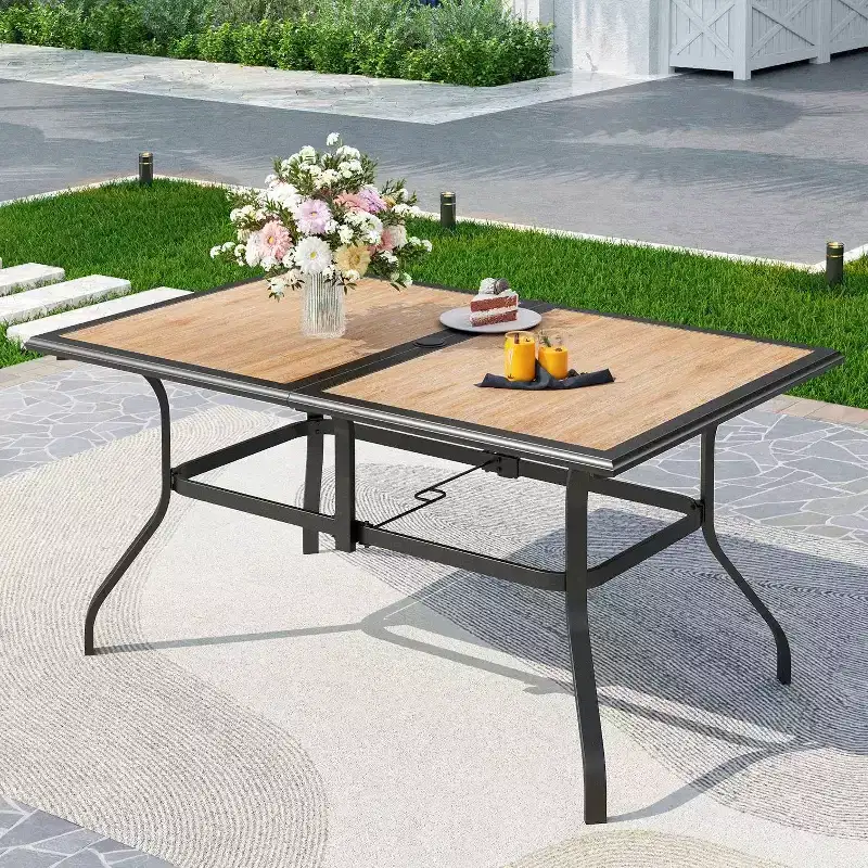 7pc Metal Patio Dining Set with Rectangular Umbrella Table & 6 Stackable Chairs - Captiva Designs