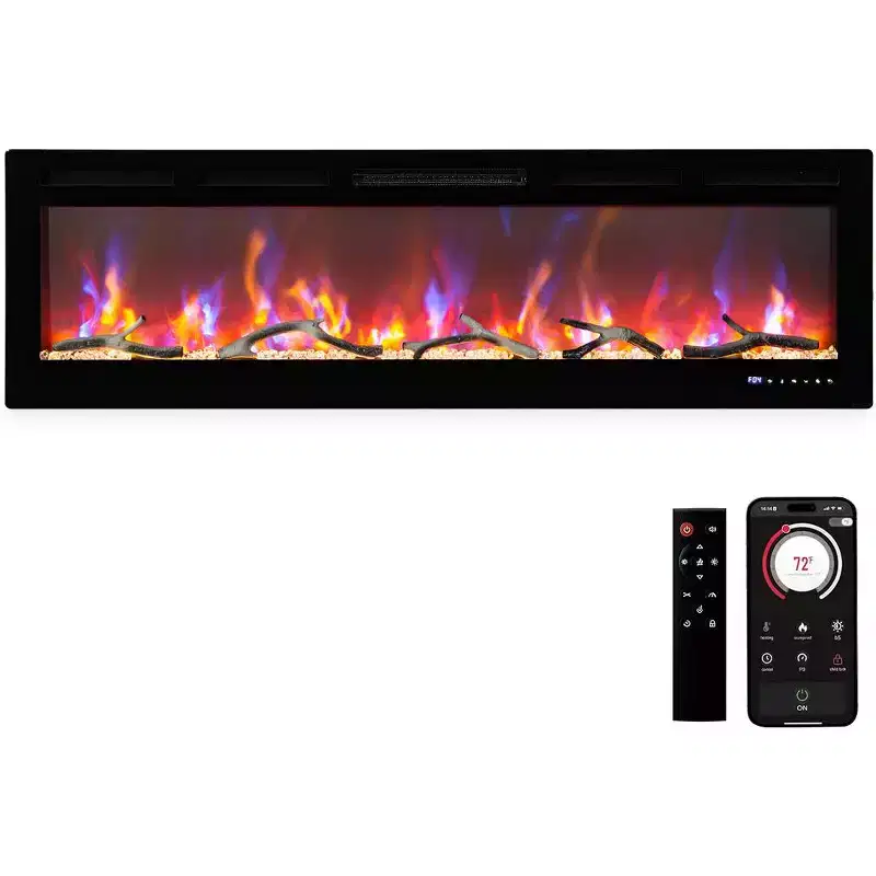 CuisinSmart 60in Electric Fireplace, In-Wall Recessed Fireplace Heater with Remote, 12 Flame Colors, 1500 W, 5,120 BTU, Touch Screen & App Control
