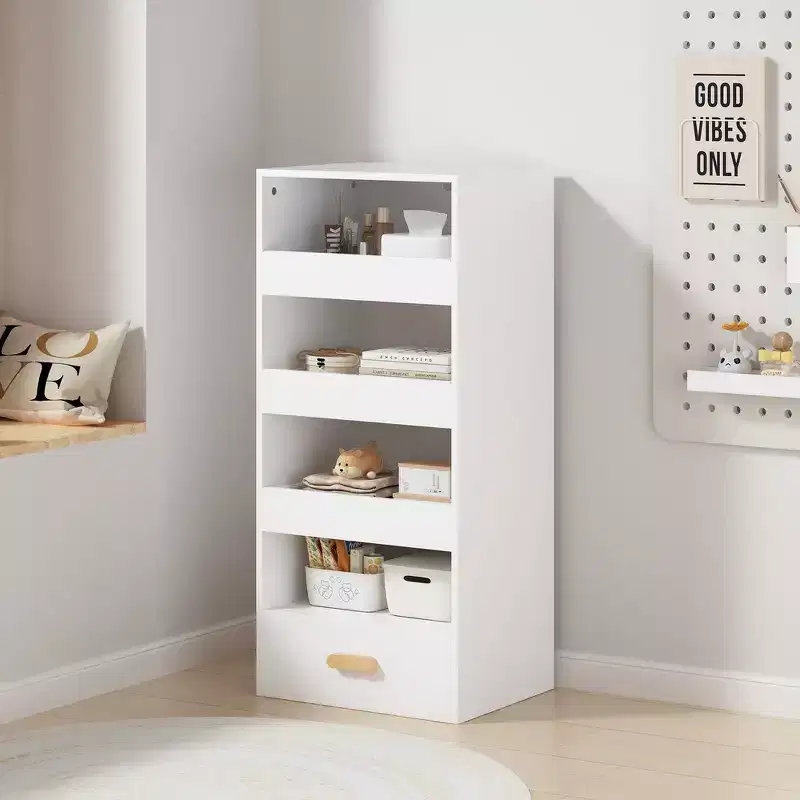 Whisen 4-Tier Freestanding Bookshelf with 3 Sliding Drawers and 1 Bottom Drawer - White